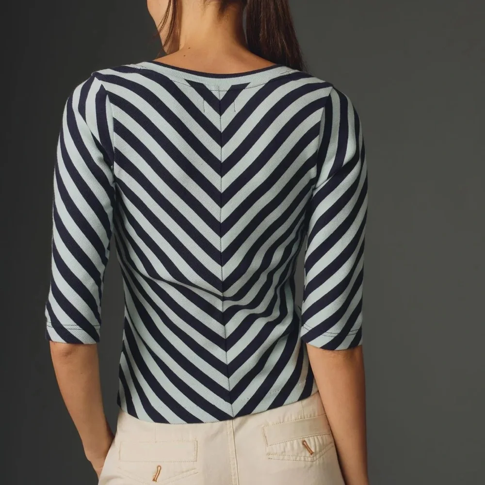 Maeve Anthropologie Blue Striped Zip Front Top Size Medium Scoop Neck Zip - Picture 3 of 12